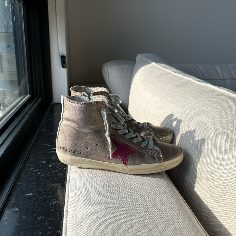 Golden Goose Gray and Red Sneakers Distressed High-Top (Size 36)